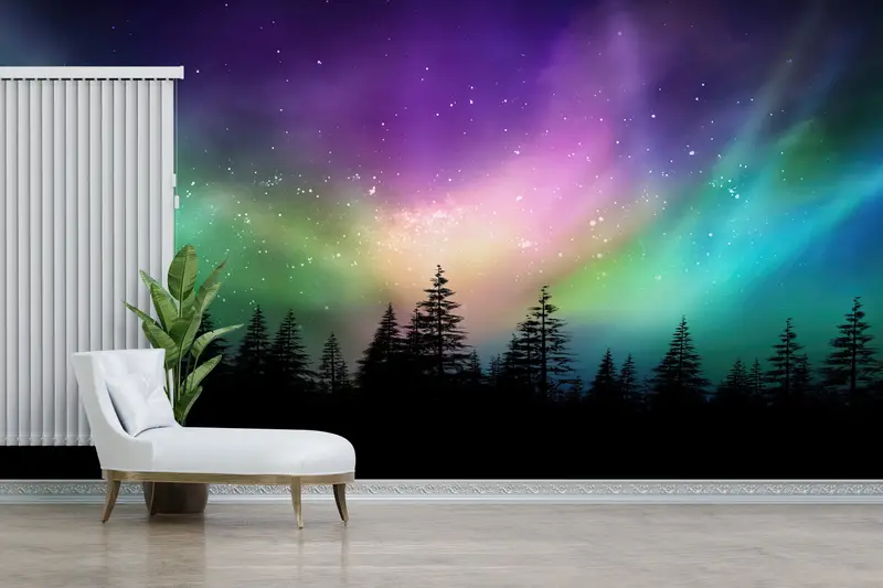 Sky Mural, Nature Wall Mural, Tree Wall Painting, Aurora Borealis Wall Painting, Starry Sky Wall Art, Northern Light Wall Decor, - 4