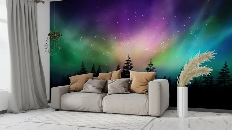 Sky Mural, Nature Wall Mural, Tree Wall Painting, Aurora Borealis Wall Painting, Starry Sky Wall Art, Northern Light Wall Decor, - 2