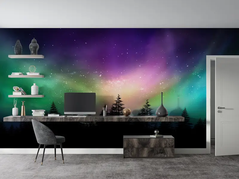Sky Mural, Nature Wall Mural, Tree Wall Painting, Aurora Borealis Wall Painting, Starry Sky Wall Art, Northern Light Wall Decor, - 3