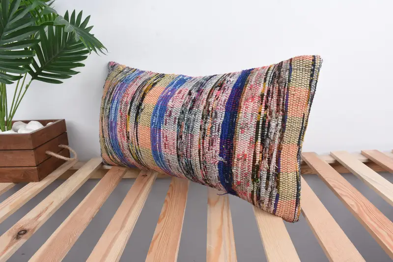 Bed Pillow, Antique Pillows, Boho Throw Pillow, Pillow for Couch, Knitted Pillow Case, Throw Kilim Pillow, 12x24 Blue Cushion Cover, Cushion Cover - 5