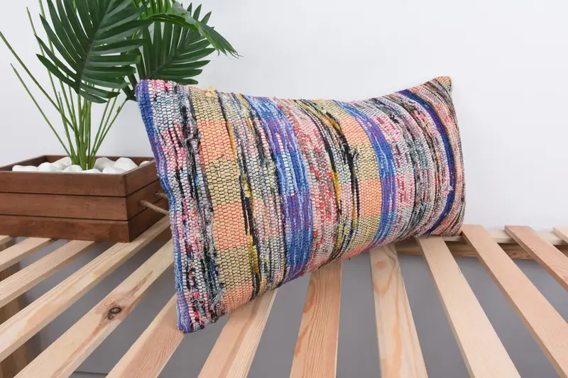 Bed Pillow, Antique Pillows, Boho Throw Pillow, Pillow for Couch, Knitted Pillow Case, Throw Kilim Pillow, 12x24 Blue Cushion Cover, Cushion Cover - 4