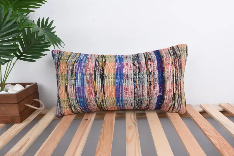 Bed Pillow, Antique Pillows, Boho Throw Pillow, Pillow for Couch, Knitted Pillow Case, Throw Kilim Pillow, 12x24 Blue Cushion Cover, Cushion Cover - 1