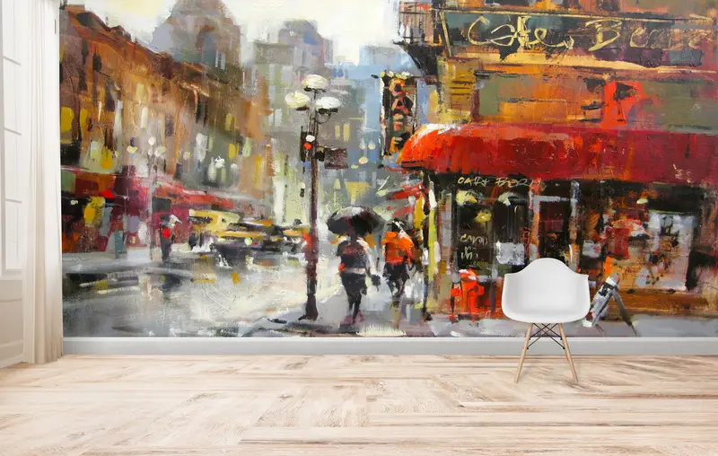 Modern Şehir Manzarası Baskılı Duvar Kağıdı: Yağmurlu Gün Ambiyansı