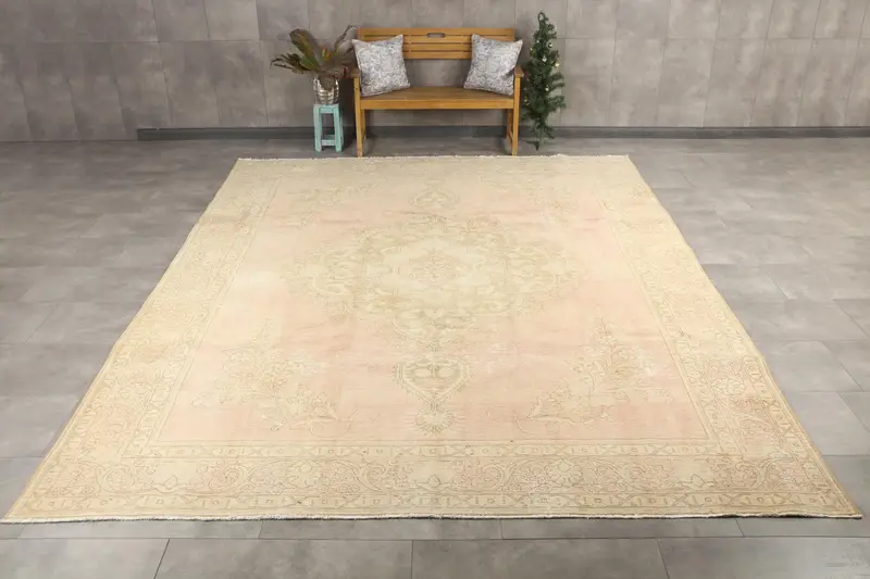 Turkish Rug, 9.6x12.7 ft Oversize Rug, Pink Striped Wool Vintage Rug - 1