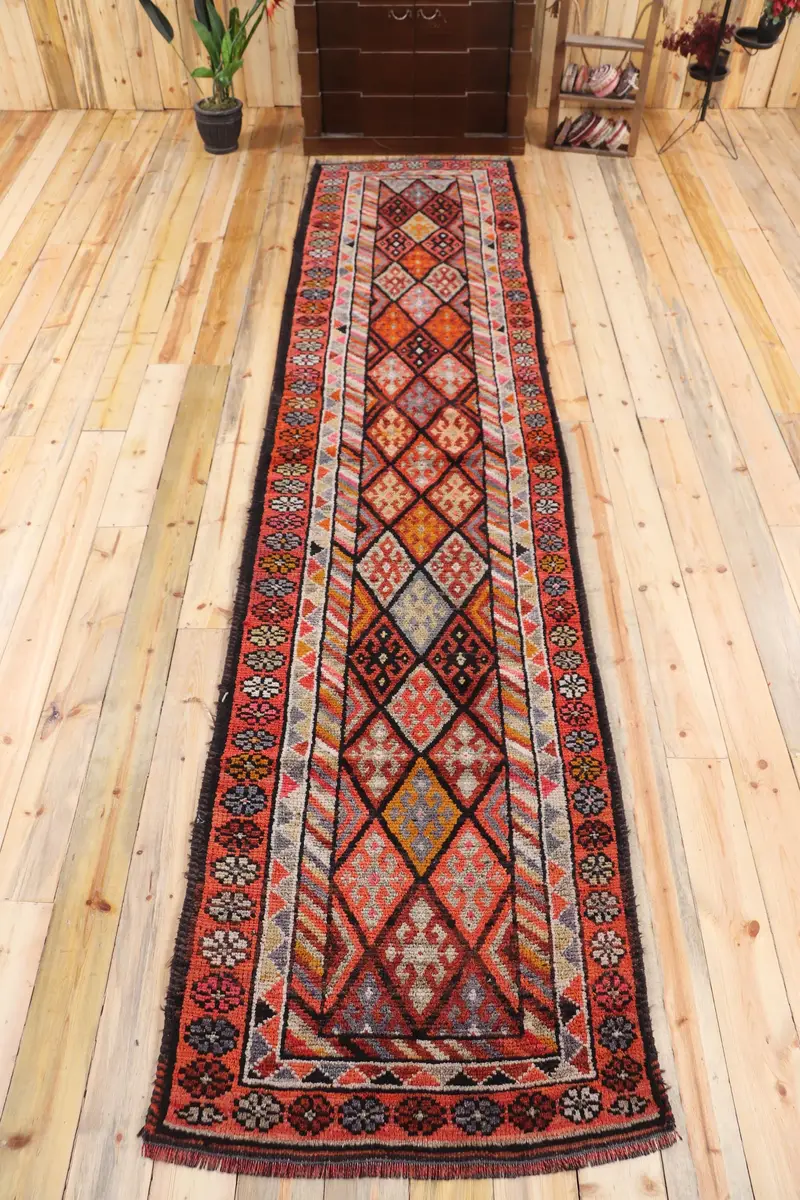 Türk Halısı, 3x13.1 ft Yolluk Halısı, Kırmızı Gri Herki Yün Halısı - 1