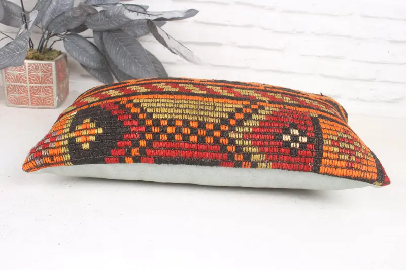 Vintage Pillow, Ethnical Kilim Rug Pillow, Throw Kilim Pillow, 12x20 Orange Pillow, Ethnic Pillow Cover Cushion Cover, Cushion - 5