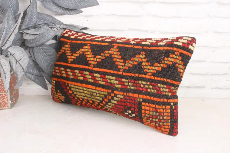 Vintage Pillow, Ethnical Kilim Rug Pillow, Throw Kilim Pillow, 12x20 Orange Pillow, Ethnic Pillow Cover Cushion Cover, Cushion - 4