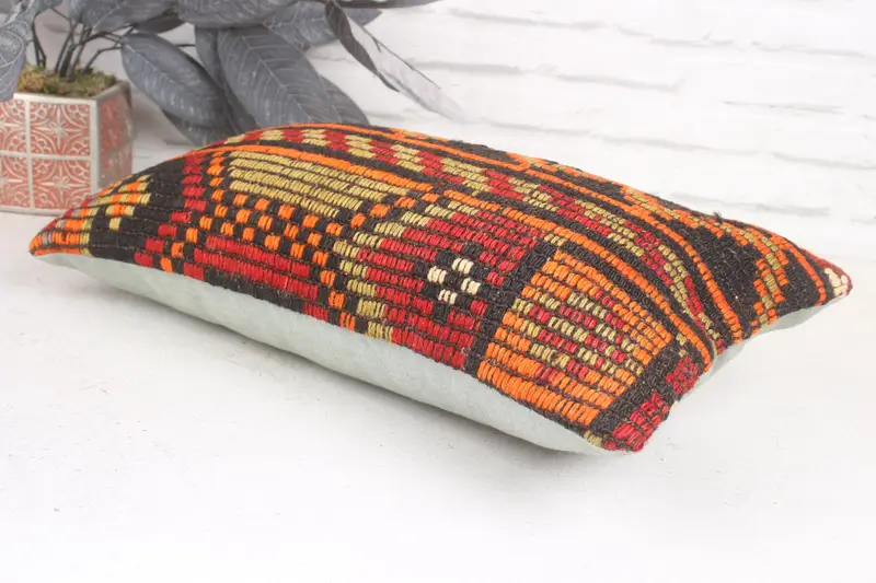 Vintage Pillow, Ethnical Kilim Rug Pillow, Throw Kilim Pillow, 12x20 Orange Pillow, Ethnic Pillow Cover Cushion Cover, Cushion - 6