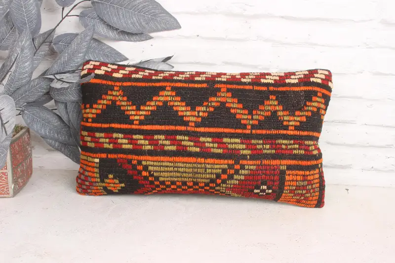Vintage Pillow, Ethnical Kilim Rug Pillow, Throw Kilim Pillow, 12x20 Orange Pillow, Ethnic Pillow Cover Cushion Cover, Cushion - 1