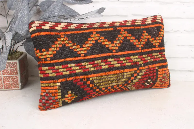 Vintage Pillow, Ethnical Kilim Rug Pillow, Throw Kilim Pillow, 12x20 Orange Pillow, Ethnic Pillow Cover Cushion Cover, Cushion - 3