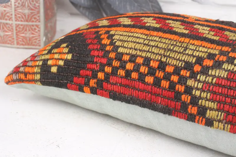 Vintage Pillow, Ethnical Kilim Rug Pillow, Throw Kilim Pillow, 12x20 Orange Pillow, Ethnic Pillow Cover Cushion Cover, Cushion - 7