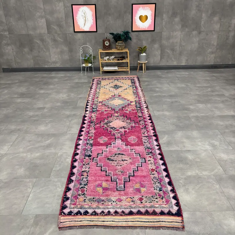 Herki Rug, 3x12.3 ft Turkish Rug, Pink Polka dot Rug Wool - 1