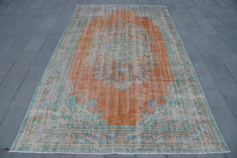 Turkish Vintage Rug, 7.3x11.9 ft Oushak Rug, Orange Blue Patchwork Wool Rug - 1