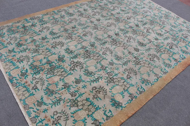 Türk Büyük Halı, 6.5x9.1 ft Vintage Halı, Mavi Oushak Yün Halı - 1