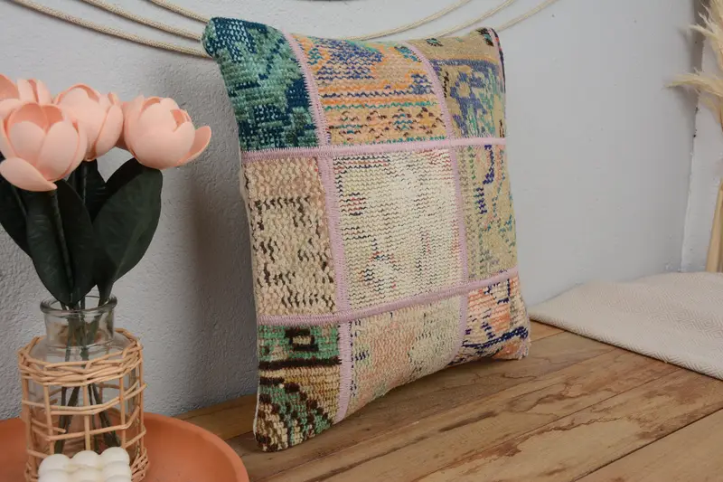 Bohemian Cushion Cushion, Antique Pillows, Boho Pillow Sham Cover, 16x16 Beige Pillow, Vintage Pillow, Cushion Case, Cotton Cushion - 1