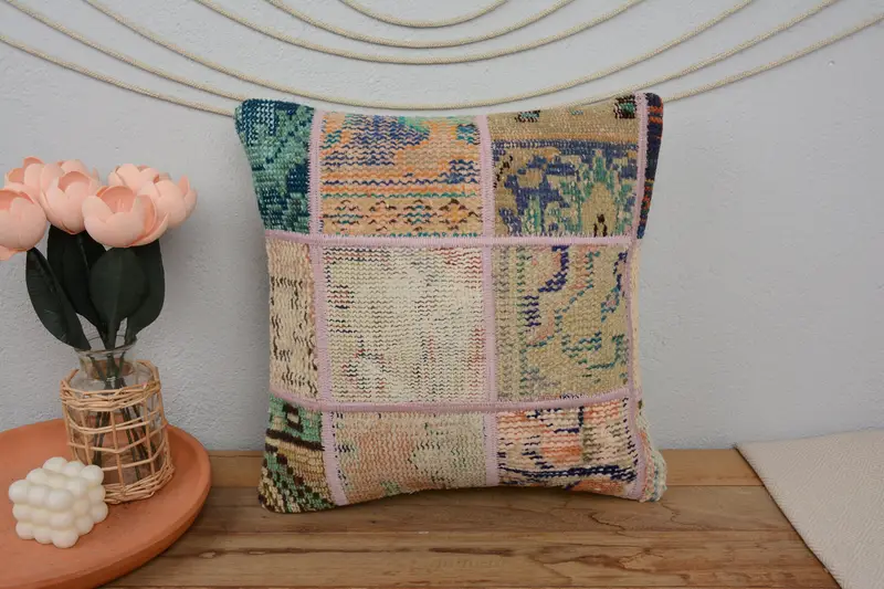 Bohemian Cushion Cushion, Antique Pillows, Boho Pillow Sham Cover, 16x16 Beige Pillow, Vintage Pillow, Cushion Case, Cotton Cushion - 2