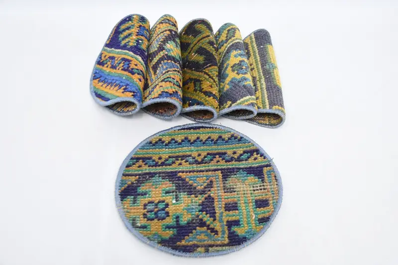 Mantel individual bohemio con círculo azul y beige, decoración de mesa de algodón y lana