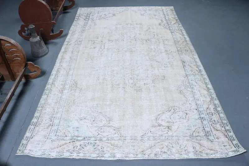Türk Vintage Halısı, 5.1x8.6 ft Büyük Halı, Beyaz Oushak Masif Halı - 1