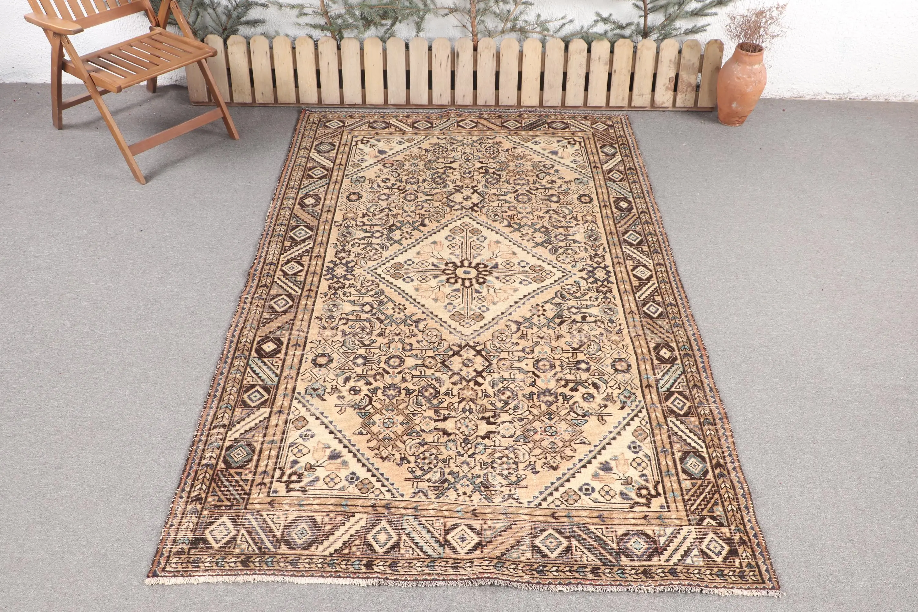 Türk Vintage Halısı, 5.2x8.2 ft Büyük Halı, Kahverengi Mavi İkat Halı - 1