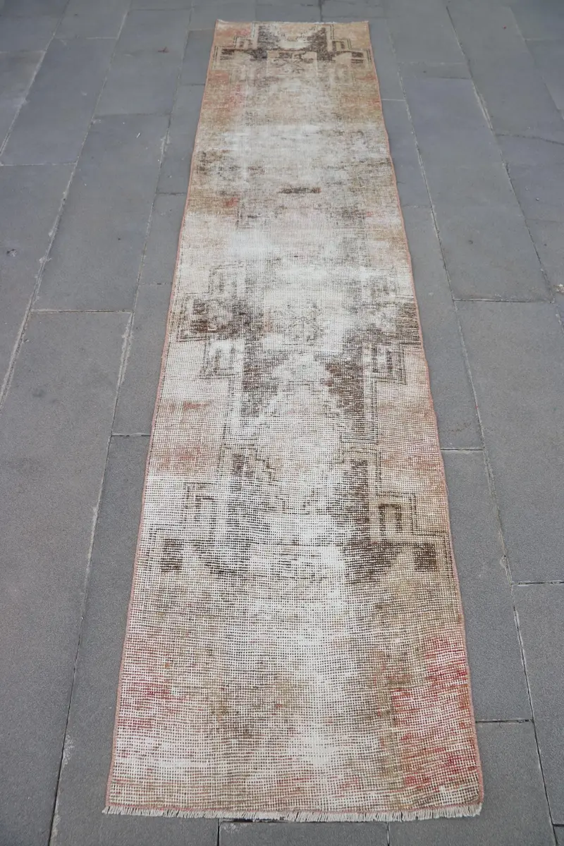 Turkish Oushak Runner Rug 2.3x10 ft (69x304 cm), Vintage Brown Striped Wool Rug - 1
