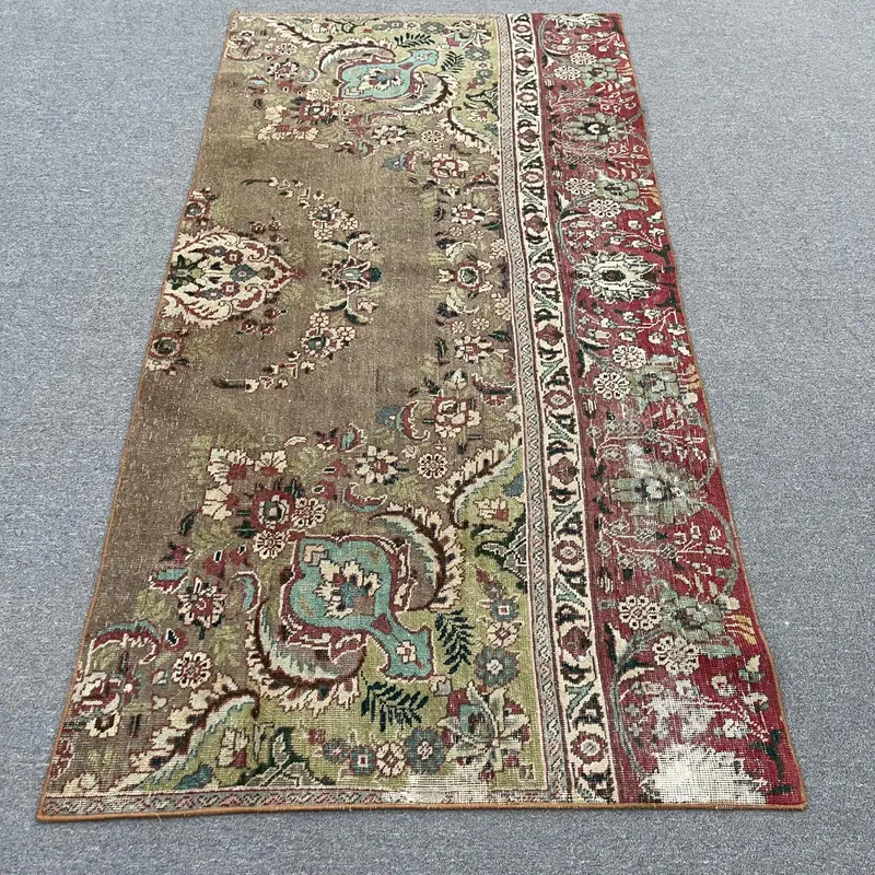 Yeşil ve Mor Halı, 3,5x6,9 ft Botanik Tasarım