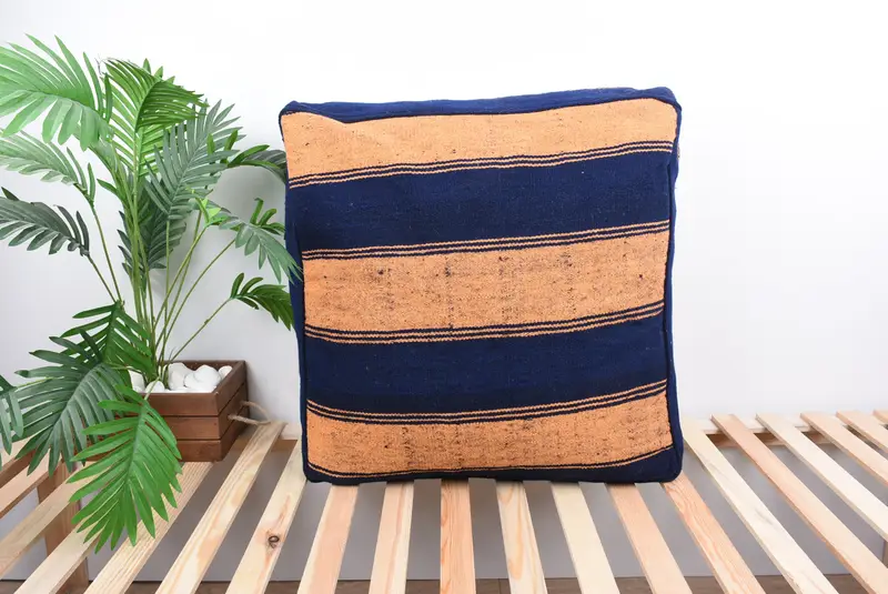 Blue & Yellow Kilim-Inspired Wool Pouf, 24x24x6 Handmade Turkish Pouf