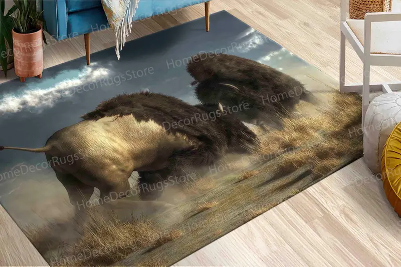 Elegant Bison Battle Printed Rug: Wild Bisons in Fashion