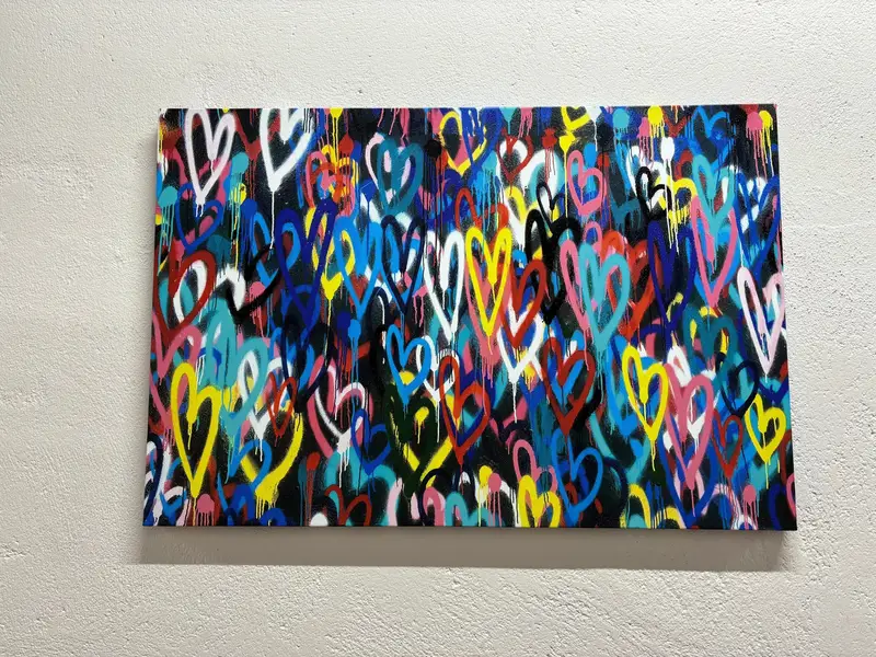 Vibrant Banksy Hearts Canvas: Colorful Love Art Print
