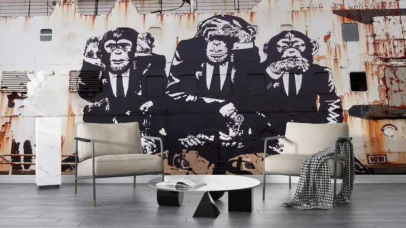 Paper Wall Art ,Custom Wall Paper,3d Wall Paper,Monkey Graffiti Wall Mural,Banksy Three Wise Monkeys,Banksy Three Monkeys Wall Decor, - 5