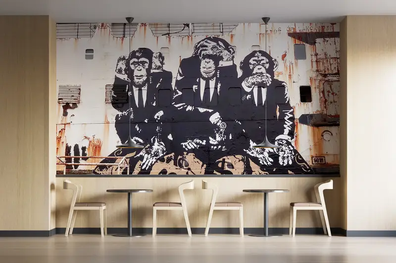 Paper Wall Art ,Custom Wall Paper,3d Wall Paper,Monkey Graffiti Wall Mural,Banksy Three Wise Monkeys,Banksy Three Monkeys Wall Decor, - 3