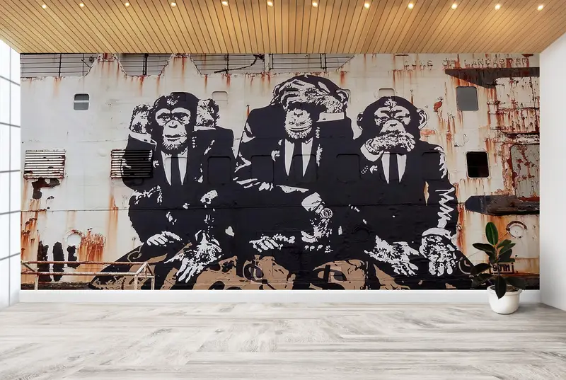 Paper Wall Art ,Custom Wall Paper,3d Wall Paper,Monkey Graffiti Wall Mural,Banksy Three Wise Monkeys,Banksy Three Monkeys Wall Decor, - 2
