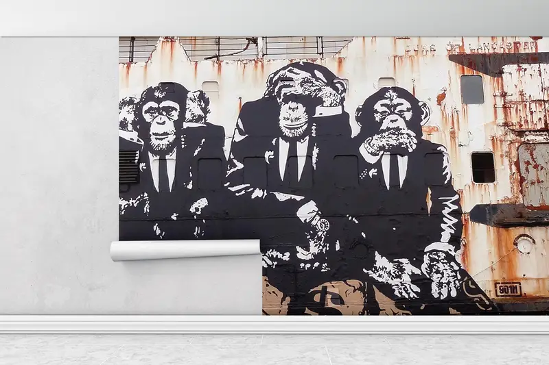 Paper Wall Art ,Custom Wall Paper,3d Wall Paper,Monkey Graffiti Wall Mural,Banksy Three Wise Monkeys,Banksy Three Monkeys Wall Decor, - 1