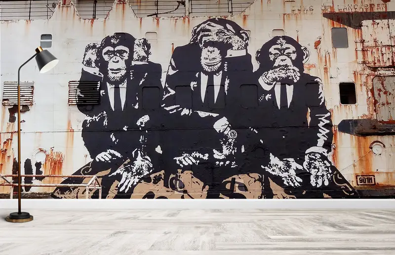 Paper Wall Art ,Custom Wall Paper,3d Wall Paper,Monkey Graffiti Wall Mural,Banksy Three Wise Monkeys,Banksy Three Monkeys Wall Decor, - 6