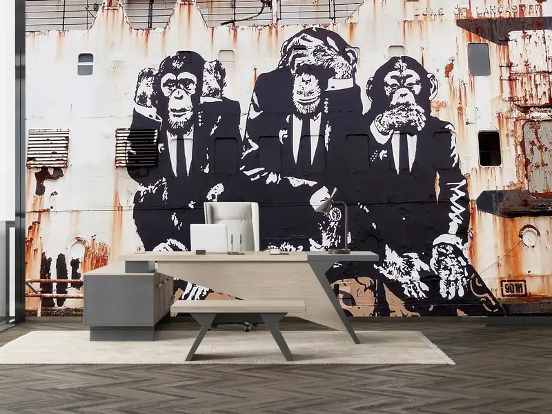 Paper Wall Art ,Custom Wall Paper,3d Wall Paper,Monkey Graffiti Wall Mural,Banksy Three Wise Monkeys,Banksy Three Monkeys Wall Decor, - 4