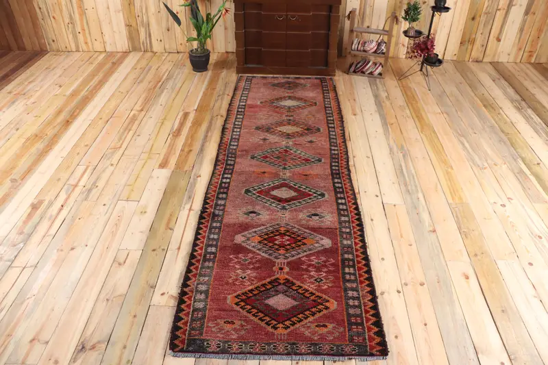 3.3x9.9 ft Turkish Runner Rug, Red Black Vintage Paisley Wool Rug - 1