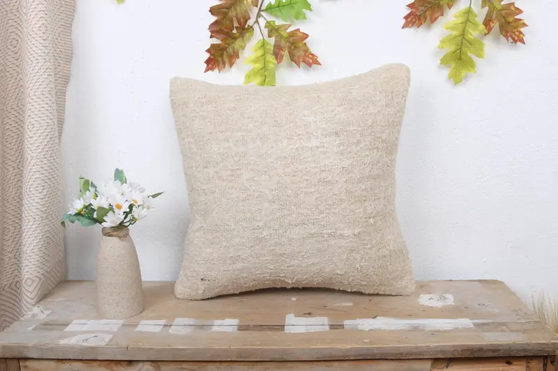 Vintage Kilim Throw Pillow, 16x16 Beige Cushion, Vintage Pillow, Boho Pillow, Pillow Sham, Wool Kilim Pillow Pillow Cover, Knitted Cushion Cover - 1