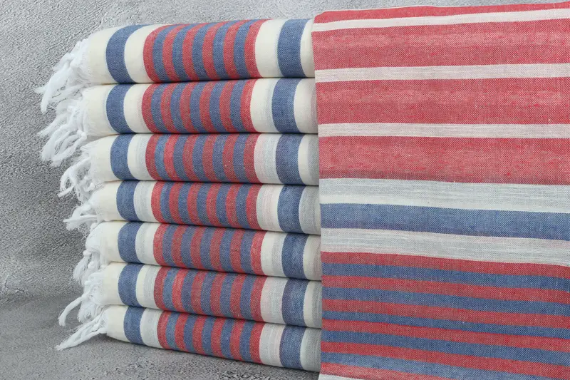 Custom Beach Towel Red-Navy Blue Cotton Striped, 40x67 Inches