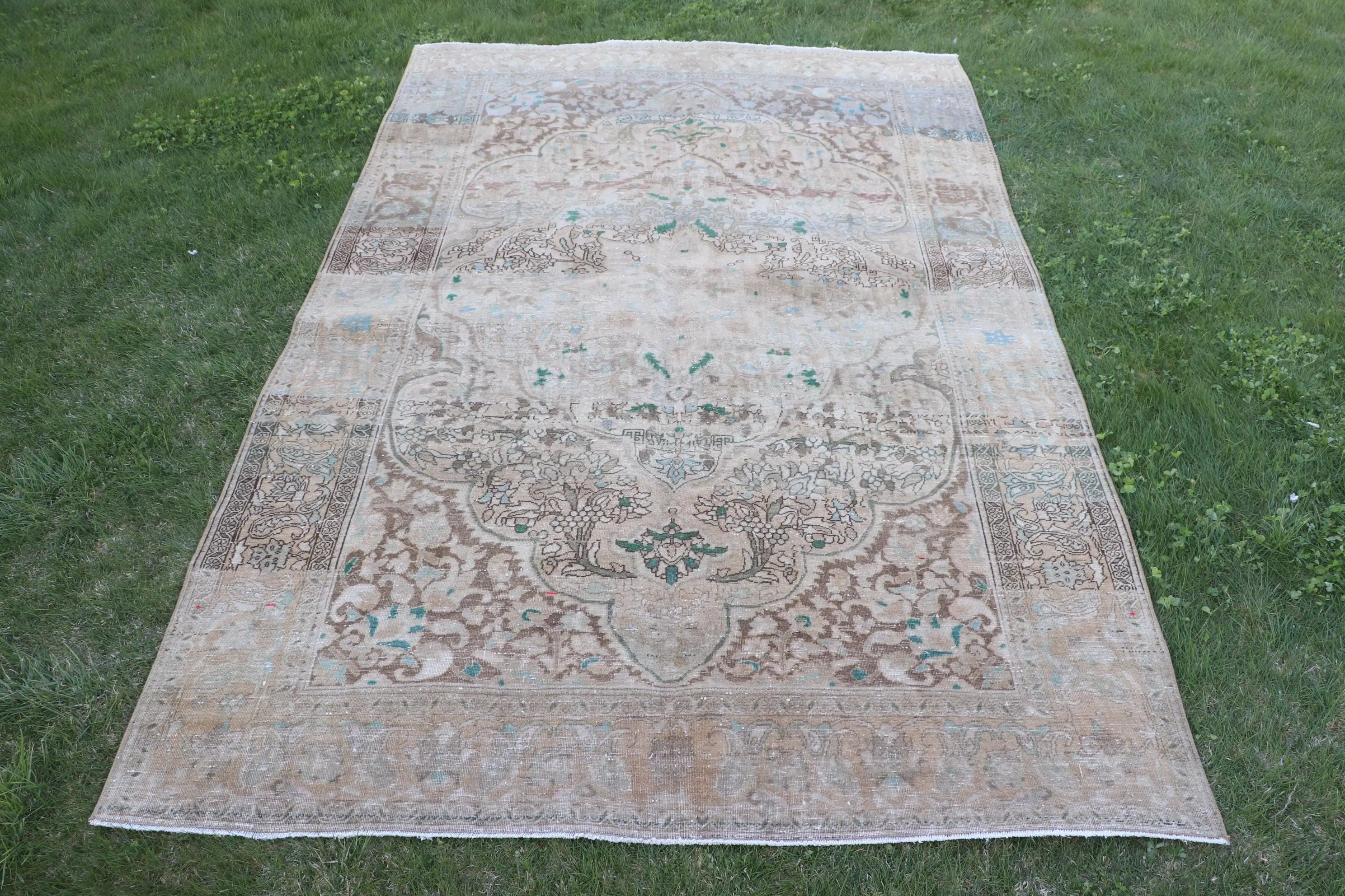 Vintage 6.4x10.3 ft Halı, Büyük Türk Halısı, Kahverengi Mavi Çizgili Yün Halı - 1