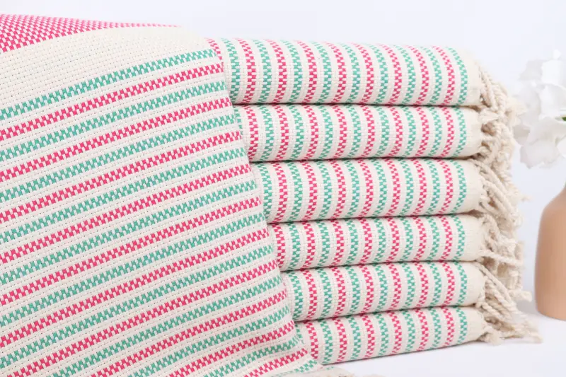 Custom Turkish Towel Pink-Green Geometric, 40x71 Inches