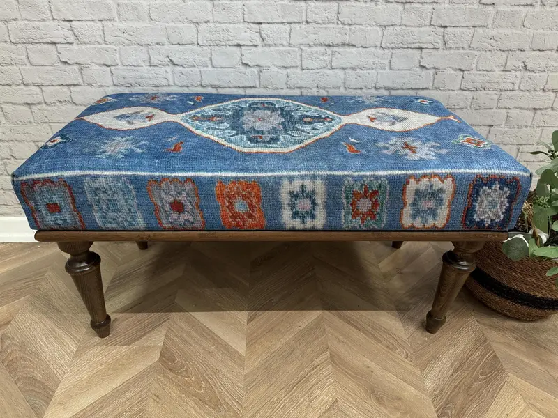 Modular Blue & Gray Ottoman Set, Kilim-Inspired Ottoman