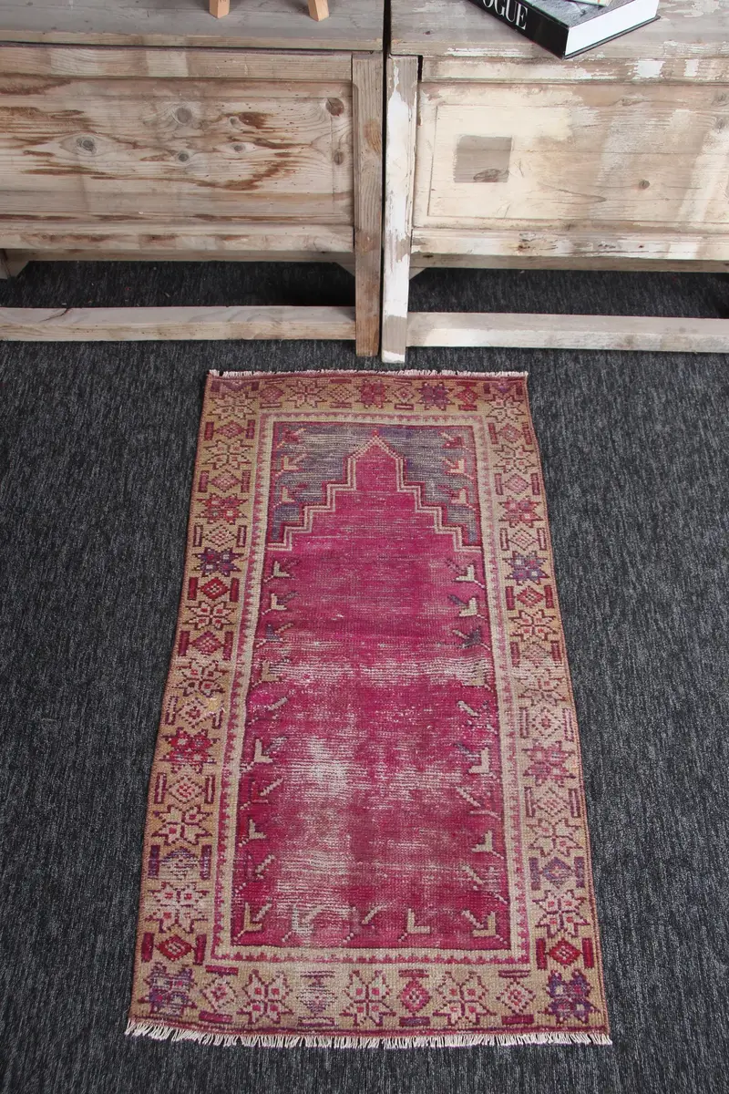 2x3.7 ft Vintage Turkish Rug, Small Rug, Pink Yellow Geometric Wool Rug - 1