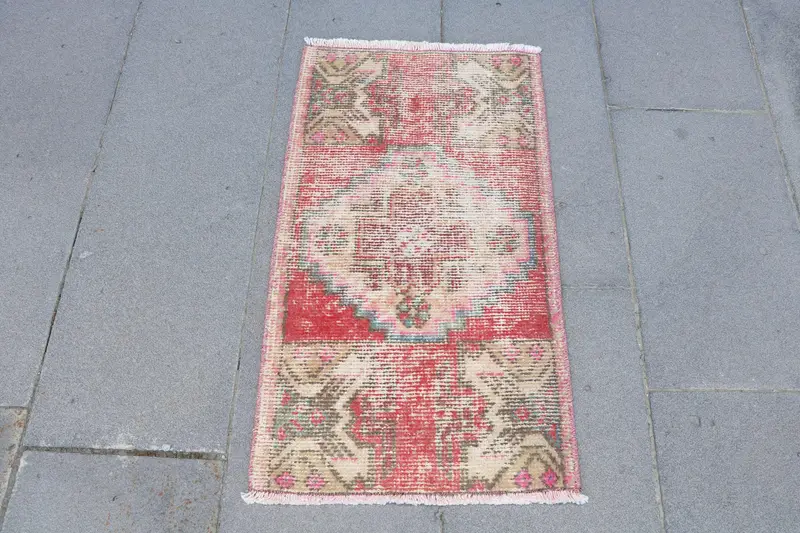 Turkish Oushak Rug 1.5x2.7 ft, Red Brown Bordered Wool Vintage Rug - 1