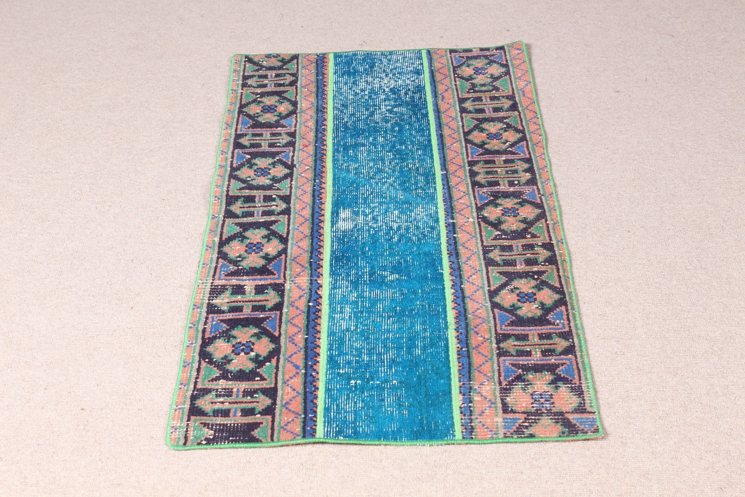 Turkish Vintage Small Rug 2.2x4 ft, Blue Green Plants & trees Wool Rug - 1