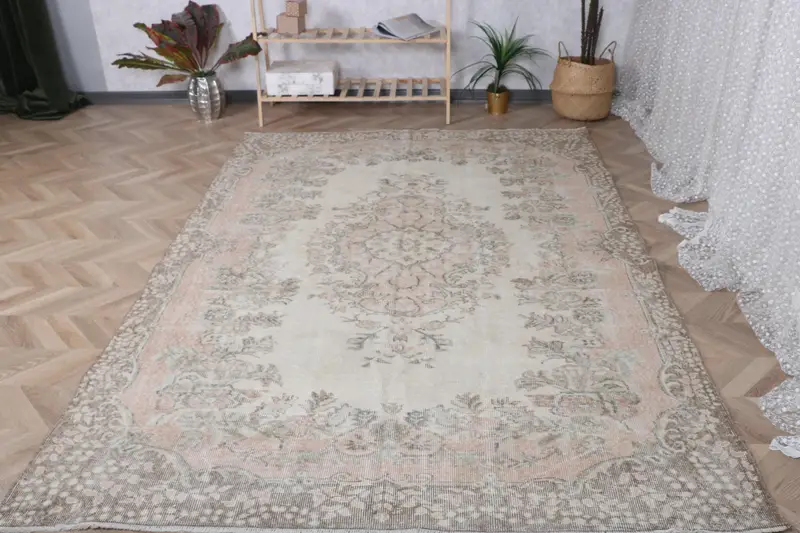 Alfombra vintage turca de 5,9x9 pies, alfombra grande, alfombra floral Oushak gris - 1