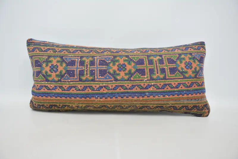 Handgefertigtes geometrisches Kissen in Blau und Orange, vielseitiges rechteckiges Kissen