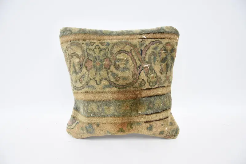 Small Square Beige Vintage Cushion Cover, Moroccan 12x12 inch Pillow - 1