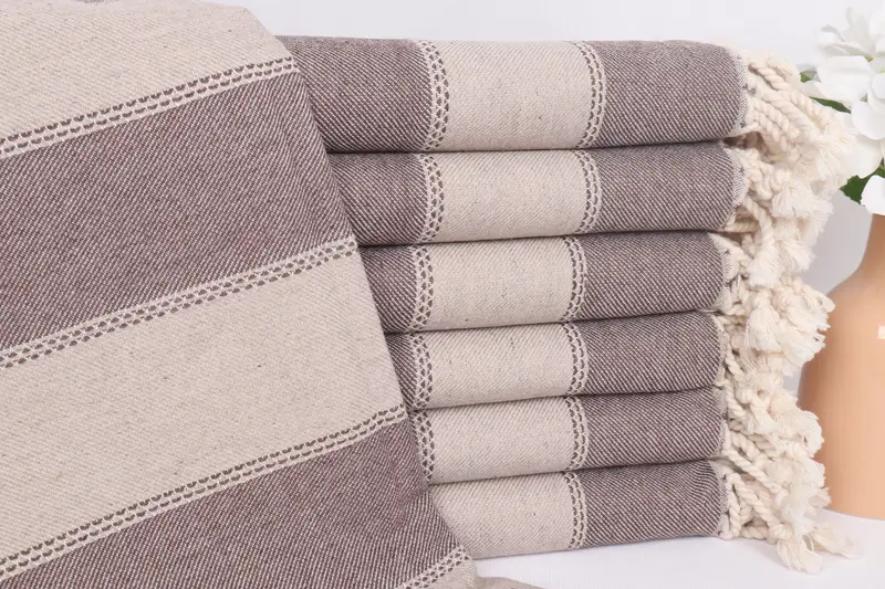 Turkish Towels Beach Özel Kahve-Bej Çizgili Havlu, 36x65 İnç