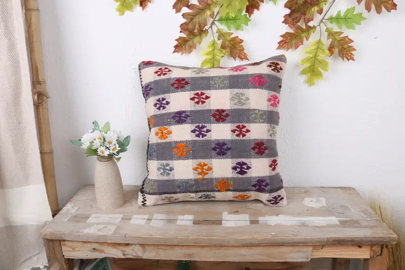 Cushion Case, Turkish Pillow, Comfy Throw Cushion Case, One Of A Kind Cushion Cover, 16x16 Gray Cushion Cover, Gift Pillow, Handmade Kilim Cushion - 1