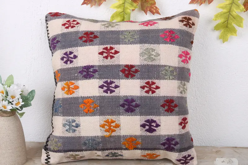 Cushion Case, Turkish Pillow, Comfy Throw Cushion Case, One Of A Kind Cushion Cover, 16x16 Gray Cushion Cover, Gift Pillow, Handmade Kilim Cushion - 2