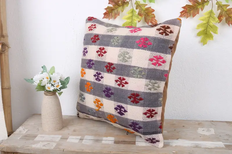 Cushion Case, Turkish Pillow, Comfy Throw Cushion Case, One Of A Kind Cushion Cover, 16x16 Gray Cushion Cover, Gift Pillow, Handmade Kilim Cushion - 4